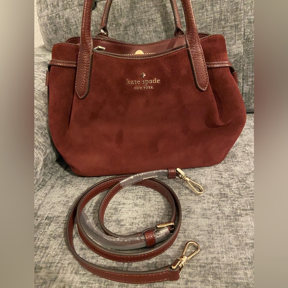 Kate Spade Dark Merlot Suede Satchel
Measurements: Length 9.88  Height 8 - Picture 3 of 12